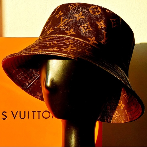 Louis Vuitton LV Monogram Bucket Hat Calf Skin Leather Brown Tan Jacquard - Picture 7 of 10